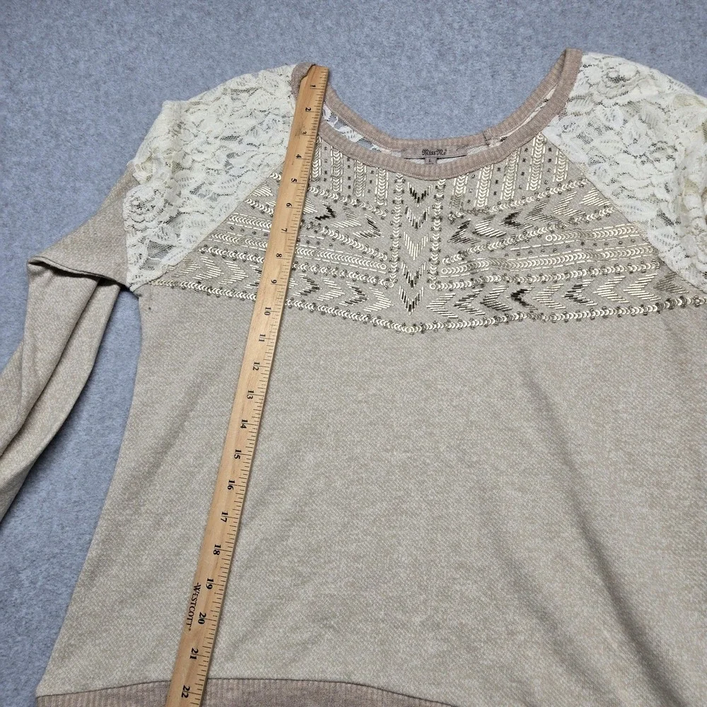 Miss Me Sweater Womens‎ Large Beige Lace Sequin Geometric Raglan Pullover Knit